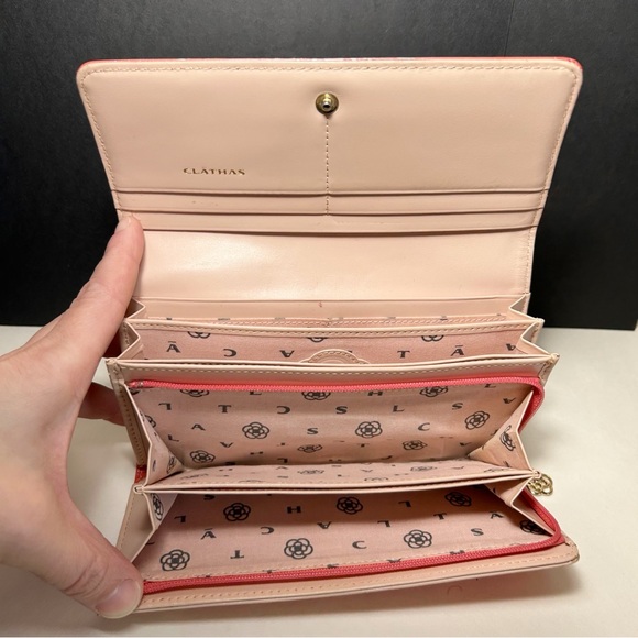 CLATHAS Argo Flap Cowhide Leather Long Coral Wallet, Camellia Flowers, Japanese - Picture 5 of 15